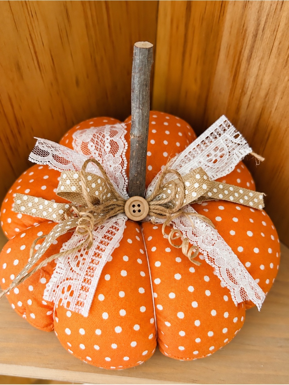 1, 7" Polka Dot Orange Fabric Pumpkin Accent with Lace & Burlap Bow, Handmade